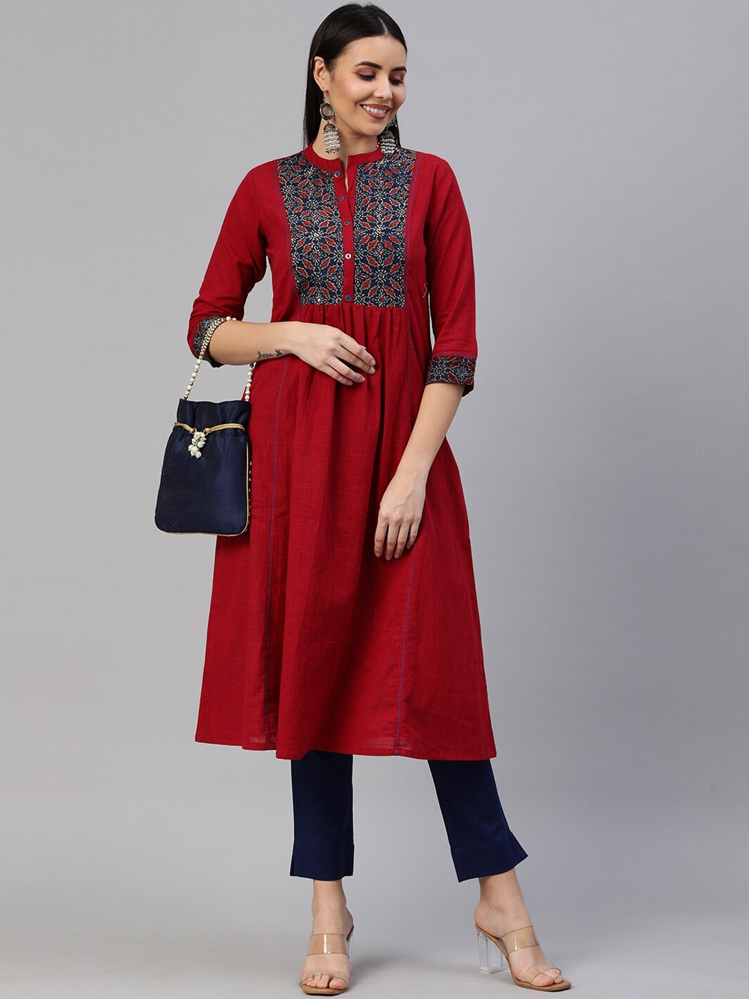

KAMI KUBI Women Maroon Ajrakh Yoke Design Cotton Kurta