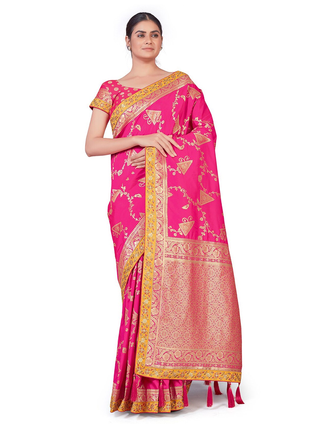 

MONJOLIKA FASHION Pink & Yellow Ethnic Motifs Zari Silk Blend Banarasi Saree