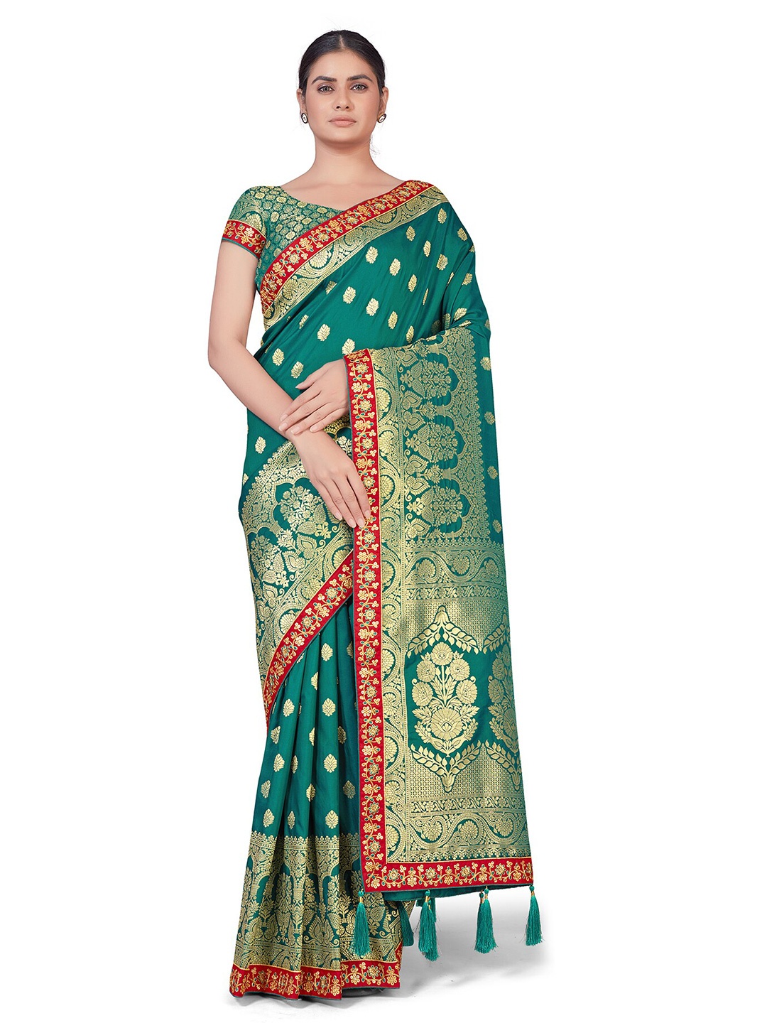

MONJOLIKA FASHION Green Ethnic Motifs Zari Silk Blend Banarasi Saree