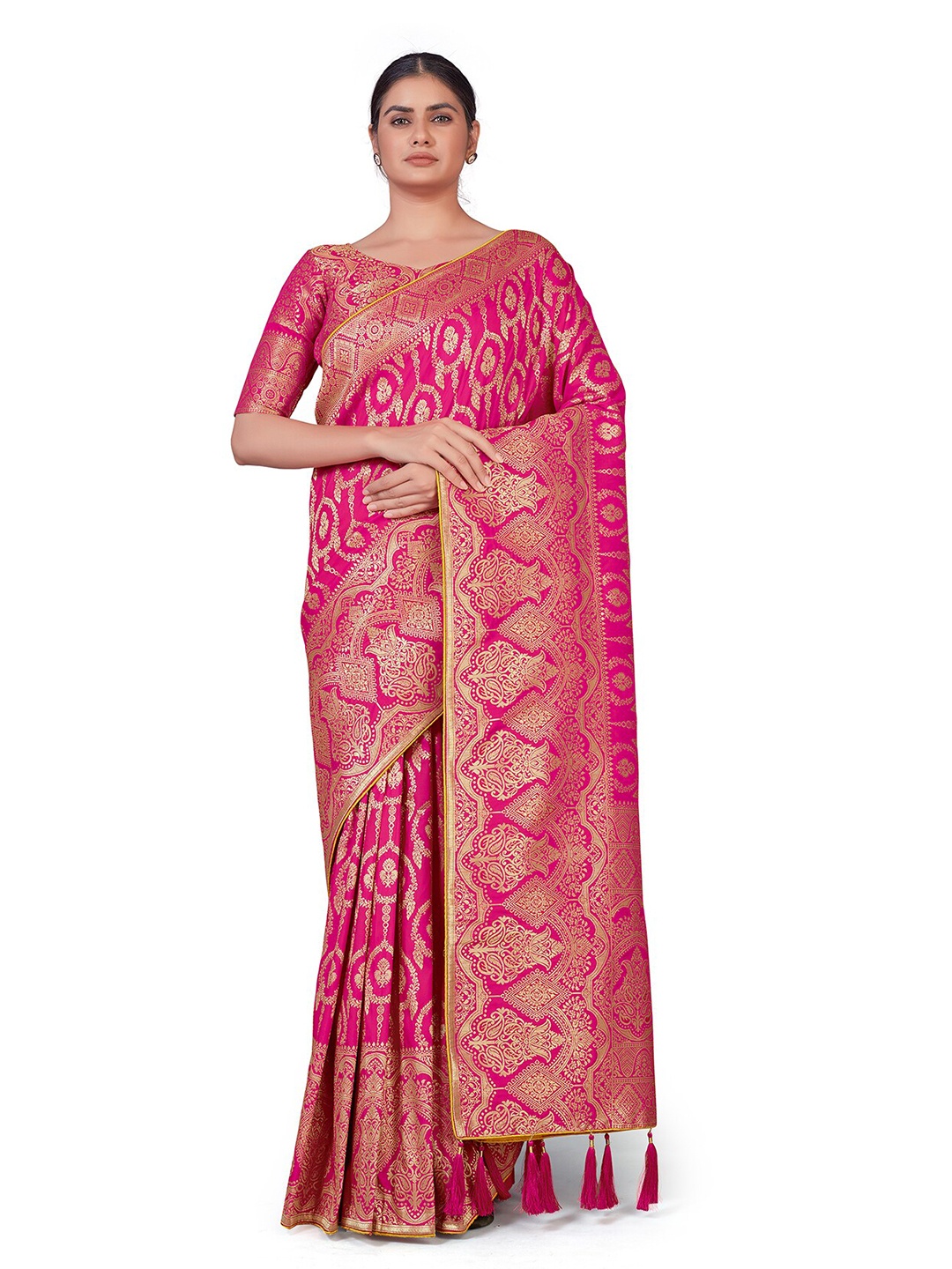 

MONJOLIKA FASHION Pink Ethnic Motifs Zari Silk Blend Banarasi Saree