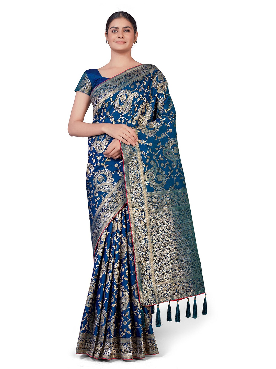 

MONJOLIKA FASHION Blue & Gold-Toned Ethnic Motifs Zari Silk Blend Banarasi Saree