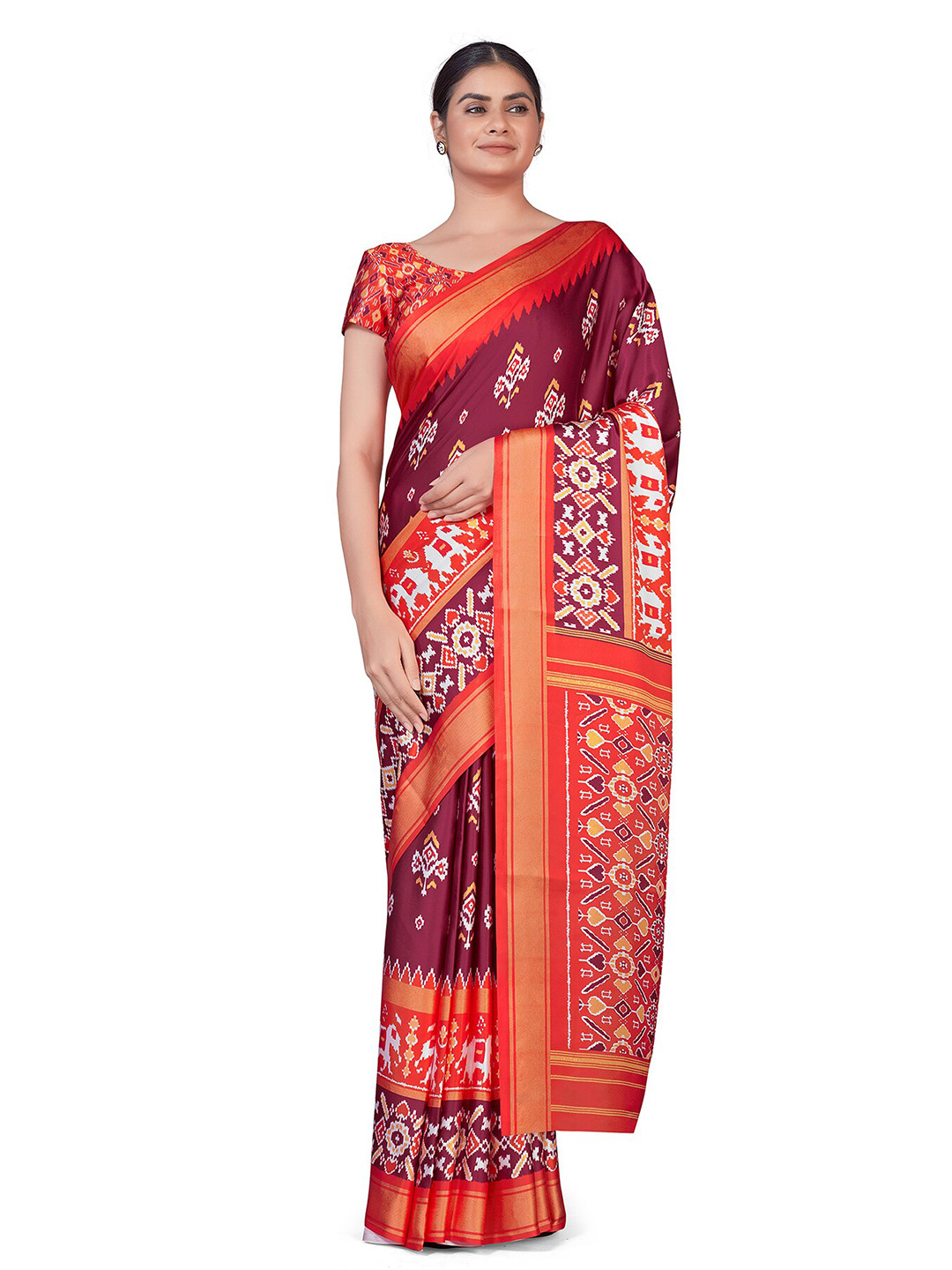 

MONJOLIKA FASHION Maroon & Orange Ethnic Motifs Zari Silk Blend Banarasi Saree