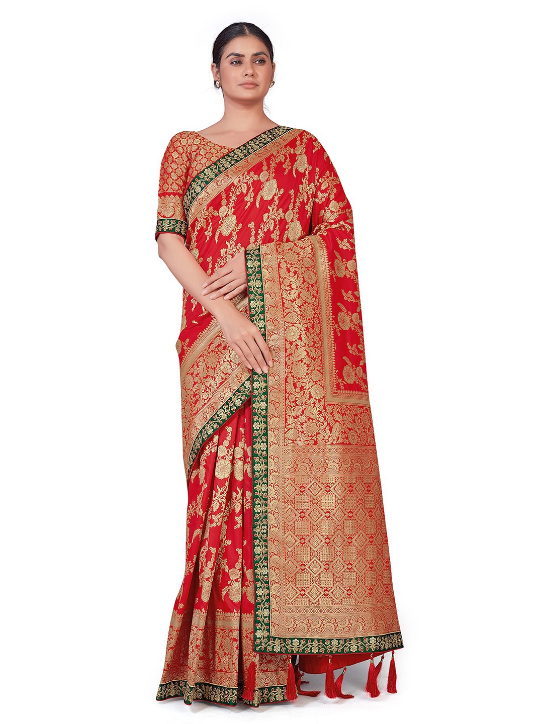 

MONJOLIKA FASHION Red & Green Ethnic Motifs Zari Silk Blend Banarasi Saree