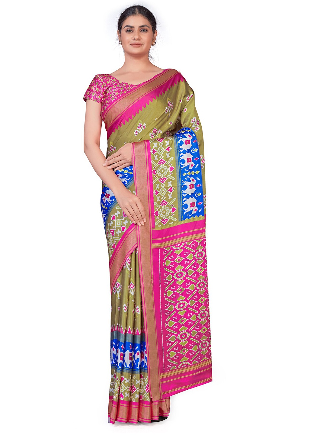 

MONJOLIKA FASHION Olive Green & Pink Ethnic Motifs Zari Silk Blend Banarasi Saree