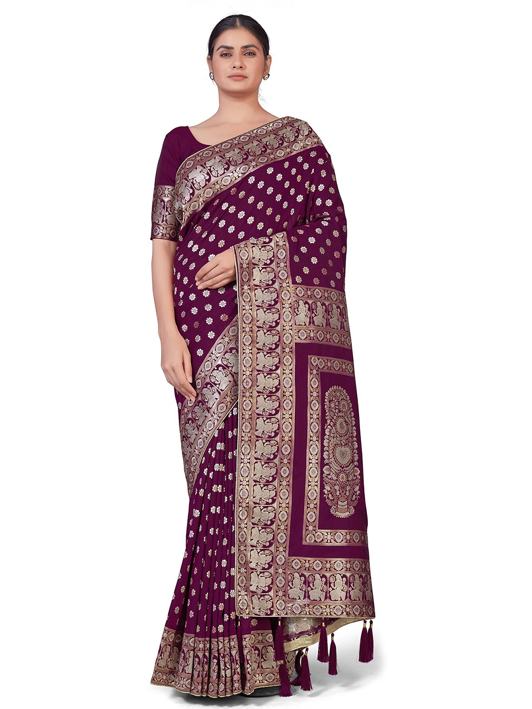 MONJOLIKA FASHION Purple & Gold-Toned Ethnic Motifs Zari Silk Blend Banarasi Saree