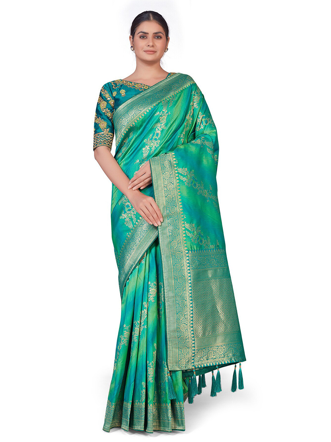 

MONJOLIKA FASHION Sea Green & Gold-Toned Woven Design Zari Silk Blend Banarasi Saree
