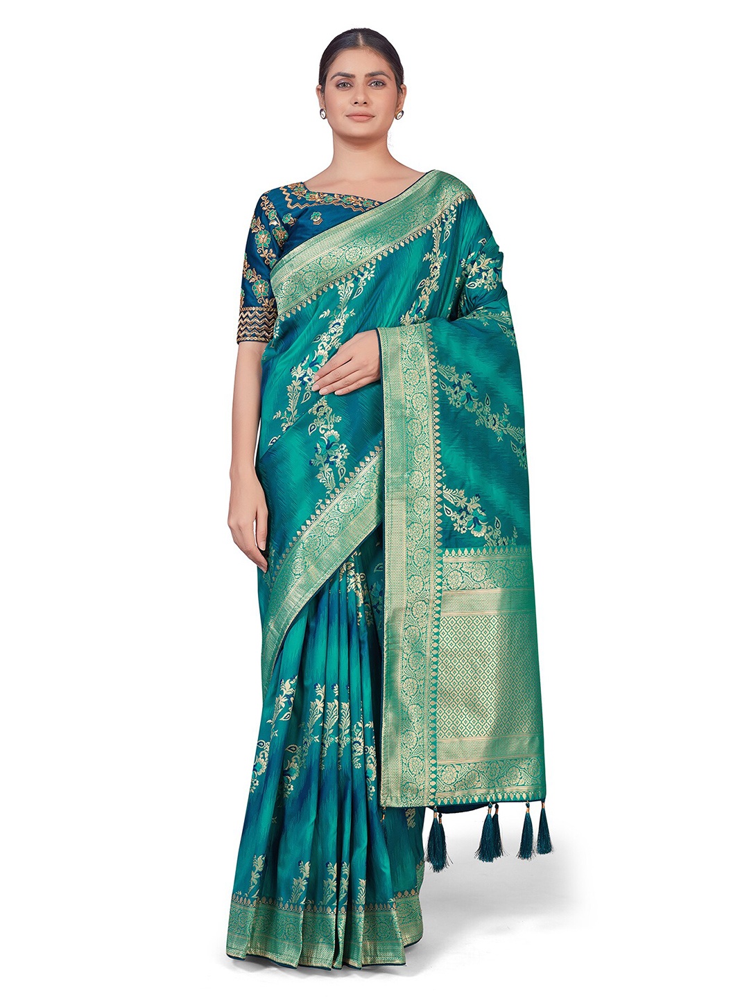 

MONJOLIKA FASHION Teal & Gold-Toned Woven Design Zari Silk Blend Banarasi Saree