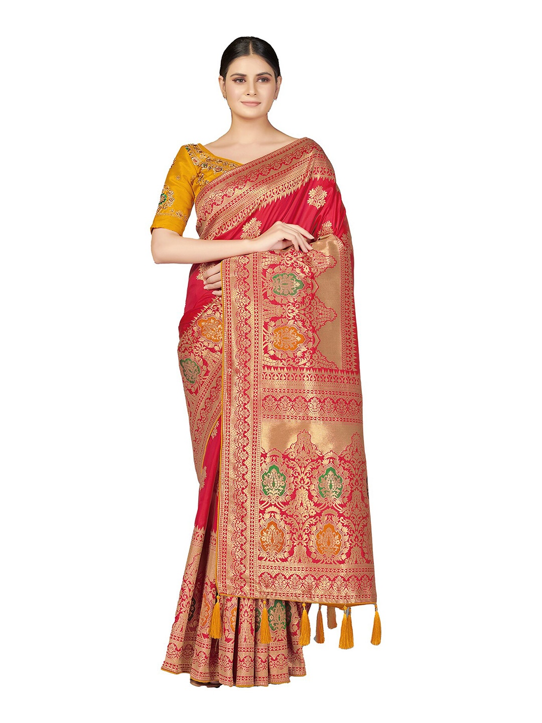 MONJOLIKA FASHION Pink & Green Woven Design Zari Silk Blend Banarasi Saree