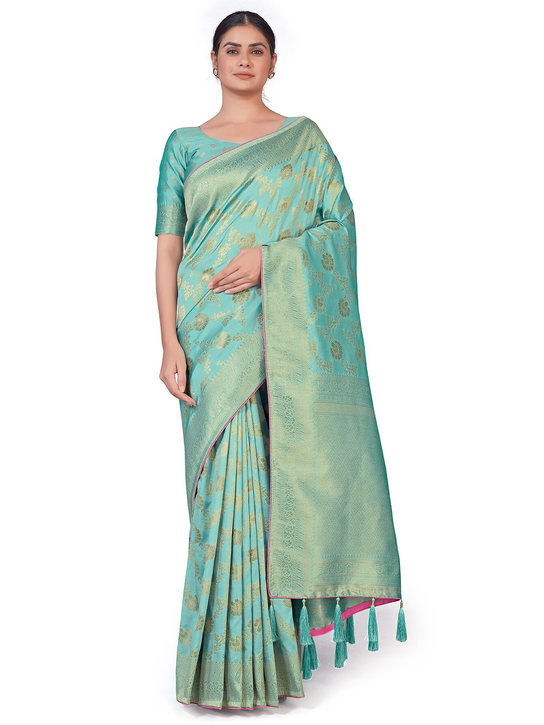 

MONJOLIKA FASHION Blue & Pink Woven Design Zari Silk Blend Banarasi Saree