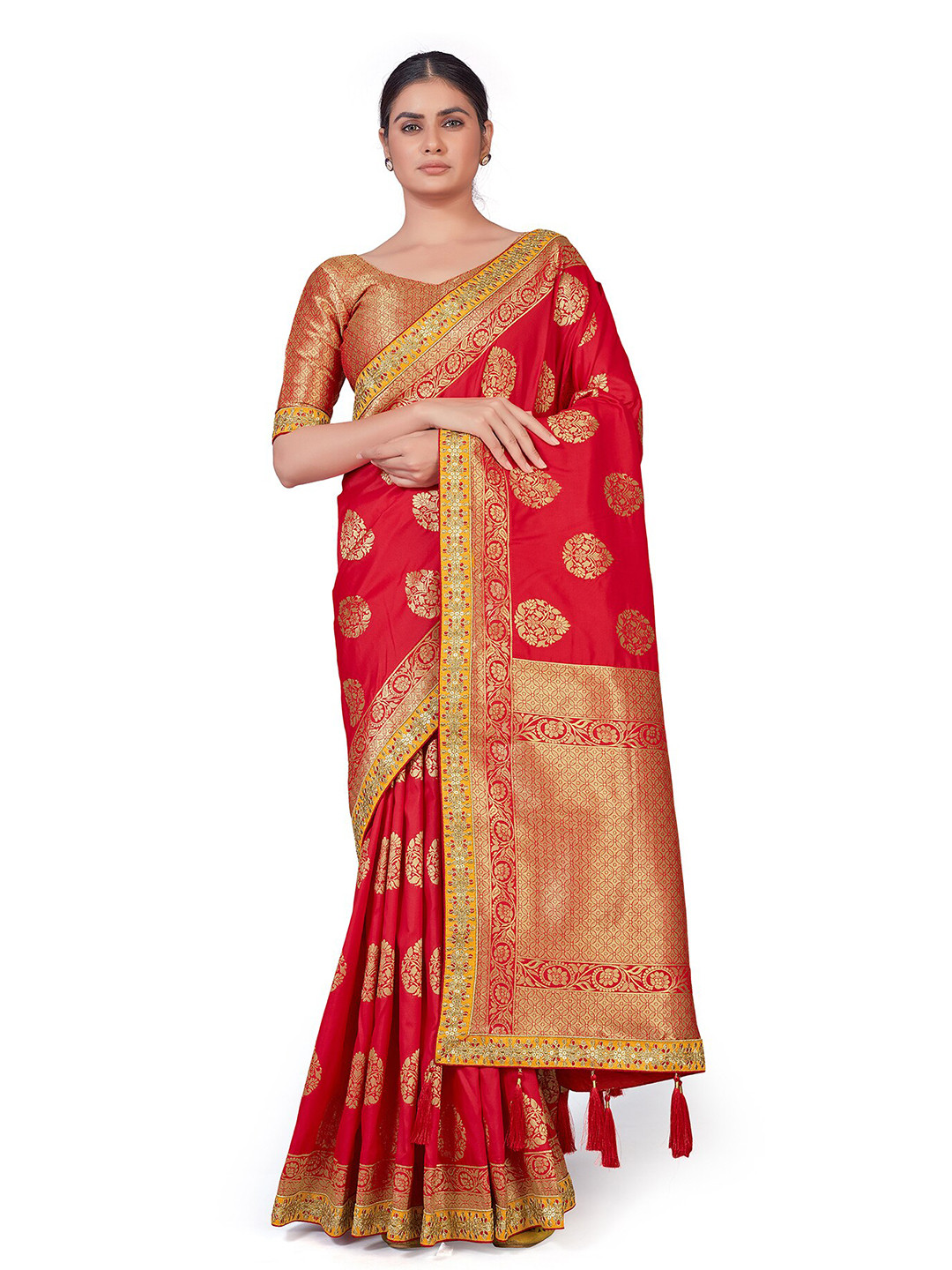 

MONJOLIKA FASHION Red & Gold-Toned Woven Design Zari Silk Blend Banarasi Saree