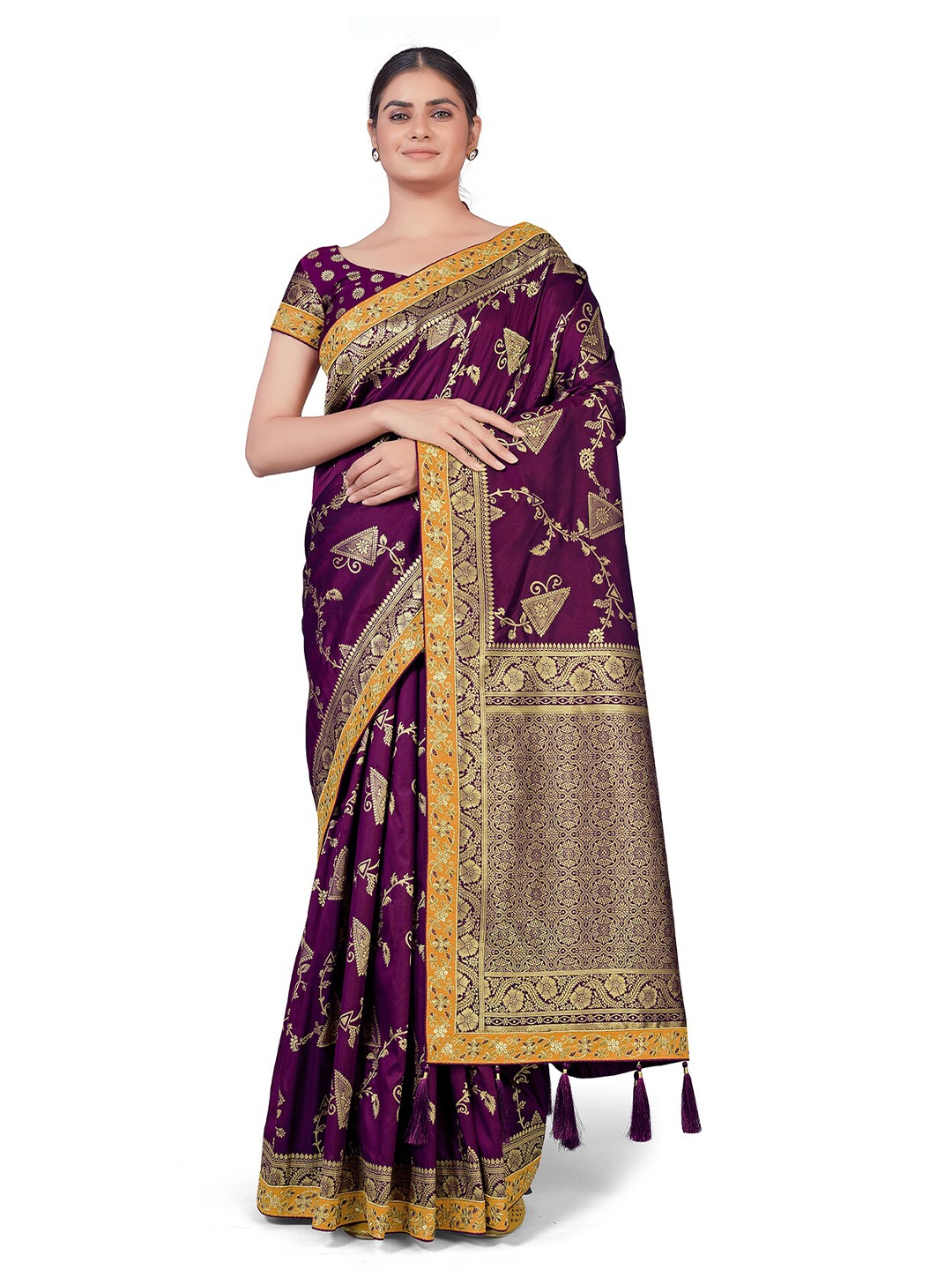 

MONJOLIKA FASHION Purple & Yellow Woven Design Zari Silk Blend Banarasi Saree
