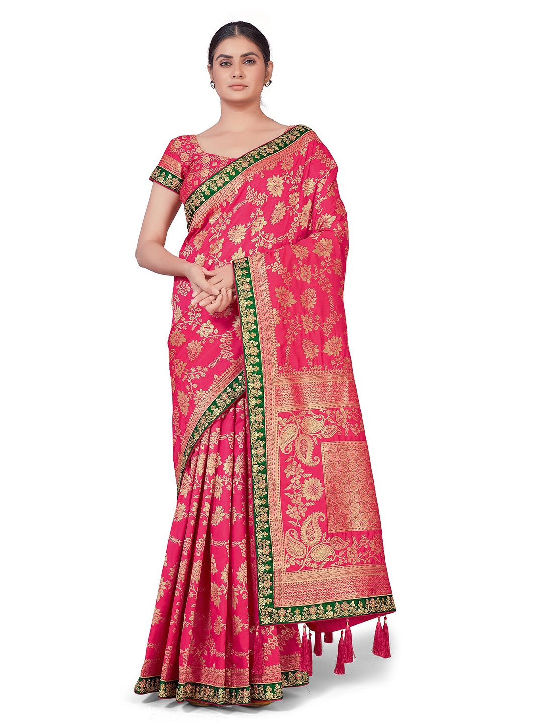 

MONJOLIKA FASHION Pink & Green Woven Design Zari Silk Blend Banarasi Saree