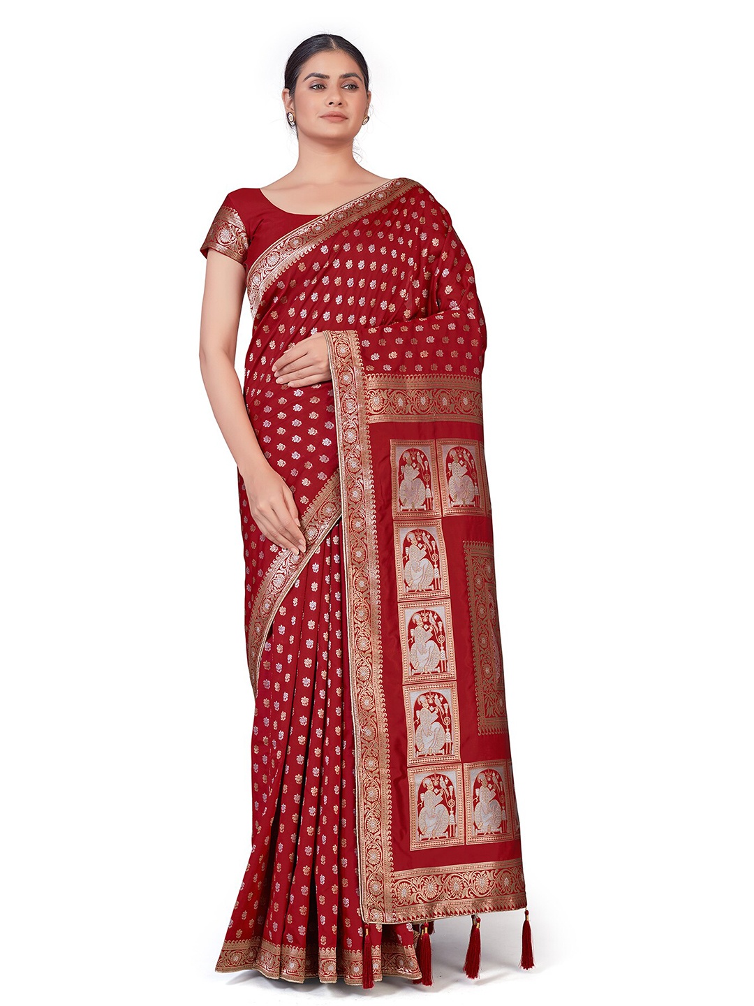 

MONJOLIKA FASHION Red & Gold-Toned Woven Design Zari Silk Blend Banarasi Saree