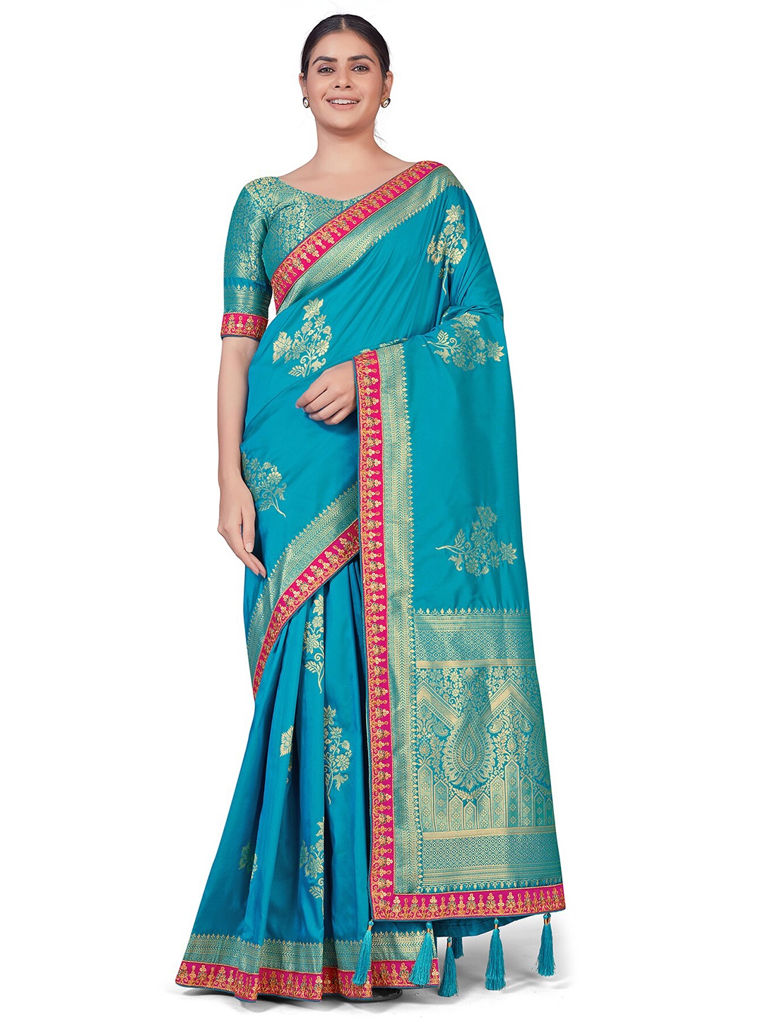 

MONJOLIKA FASHION Blue & Gold-Toned Woven Design Zari Silk Blend Banarasi Saree