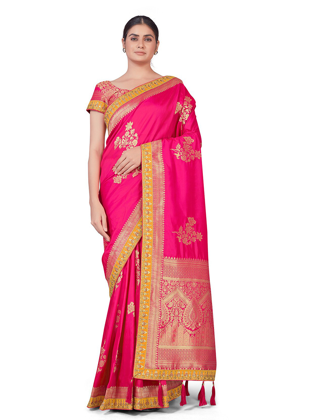 

MONJOLIKA FASHION Magenta & Orange Woven Design Zari Silk Blend Banarasi Saree
