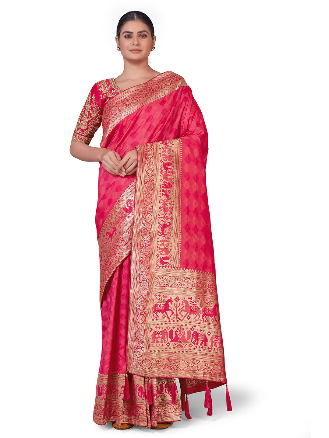 

MONJOLIKA FASHION Pink & Gold-Toned Woven Design Zari Silk Blend Banarasi Saree