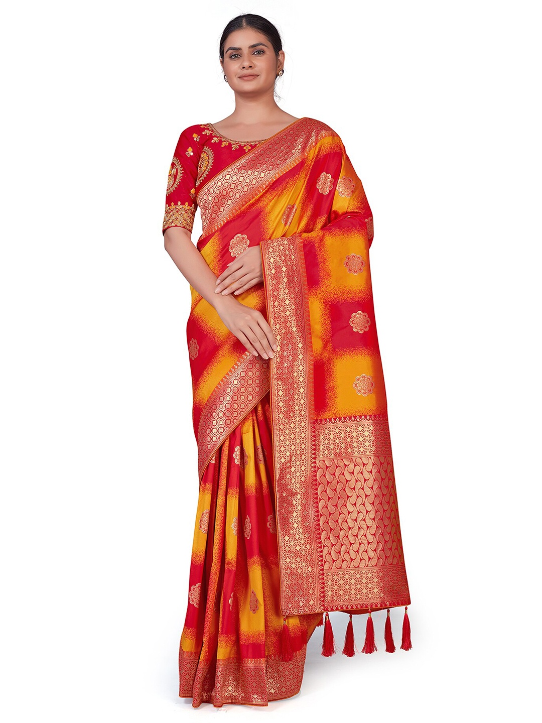 

MONJOLIKA FASHION Yellow and Red Woven Design Zari Silk Blend Banarasi Saree