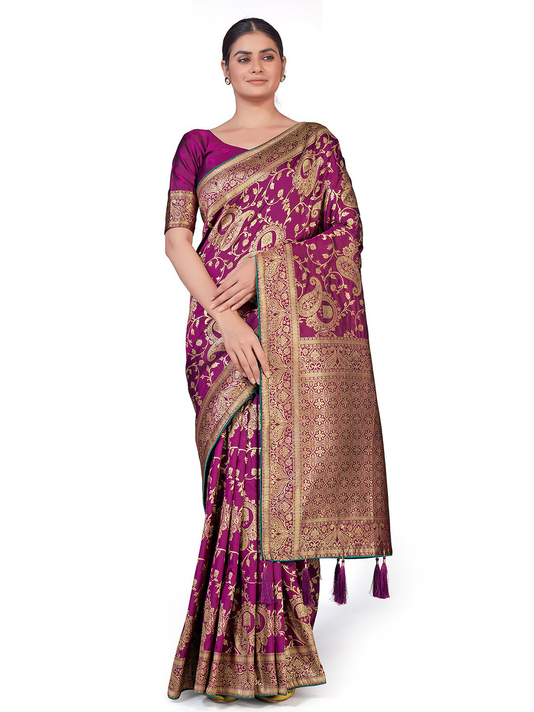 

MONJOLIKA FASHION Purple & Gold-Toned Woven Design Zari Silk Blend Banarasi Saree