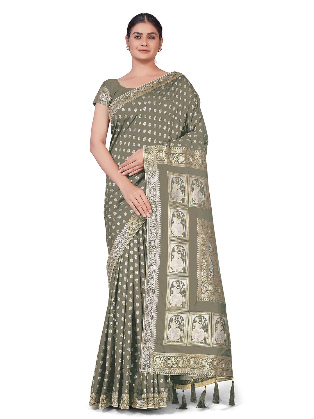 

MONJOLIKA FASHION Grey Melange & White Woven Design Zari Silk Blend Banarasi Saree