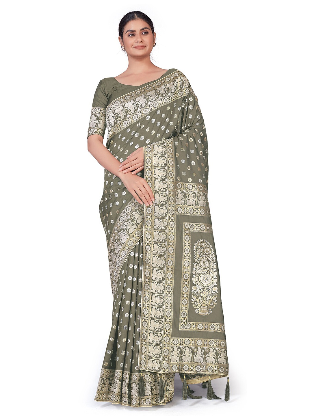 MONJOLIKA FASHION Green & Gold-Toned Woven Design Zari Silk Blend Banarasi Saree