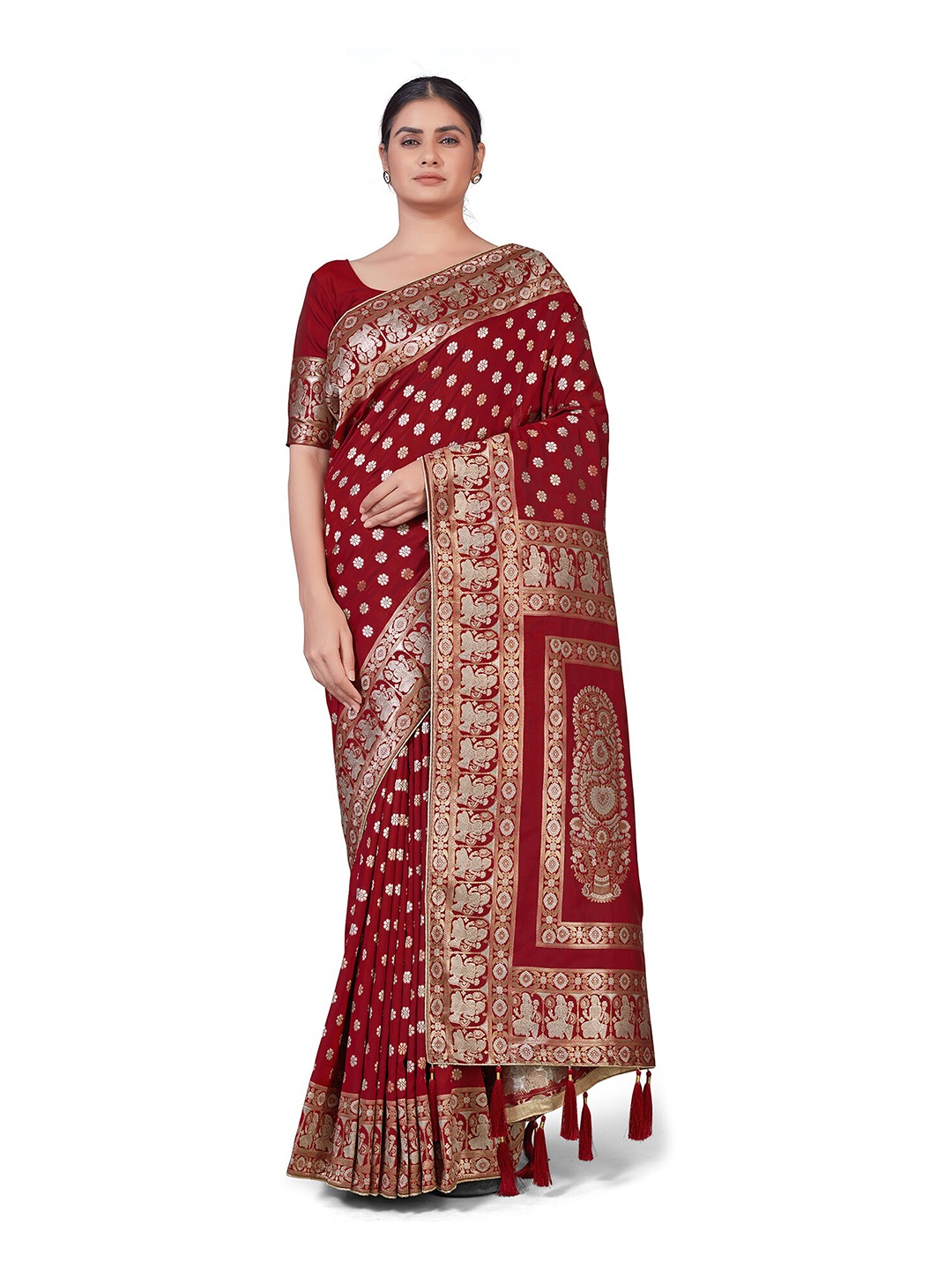 

MONJOLIKA FASHION Red & Gold-Toned Woven Design Zari Silk Blend Banarasi Saree