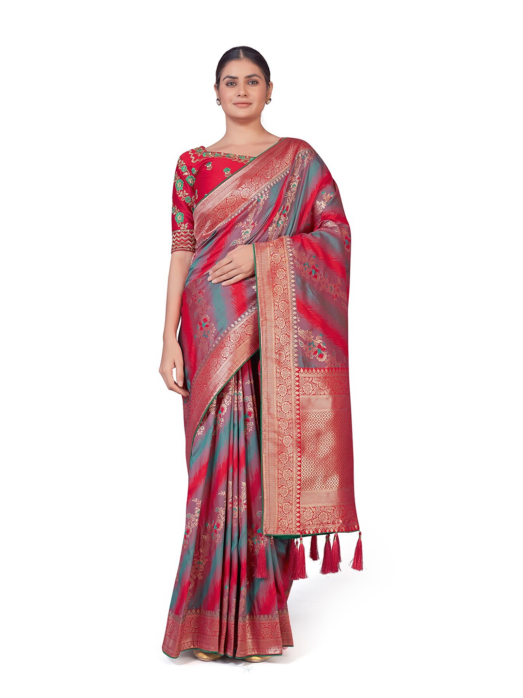 

MONJOLIKA FASHION Red & Green Woven Design Zari Silk Blend Banarasi Saree
