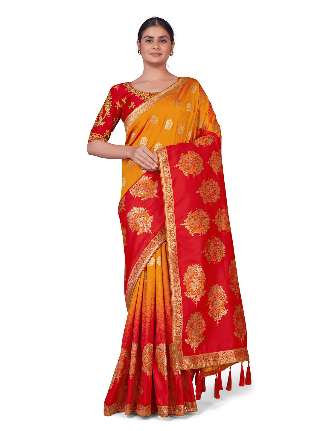 

MONJOLIKA FASHION Orange & Red Woven Design Zari Silk Blend Banarasi Saree
