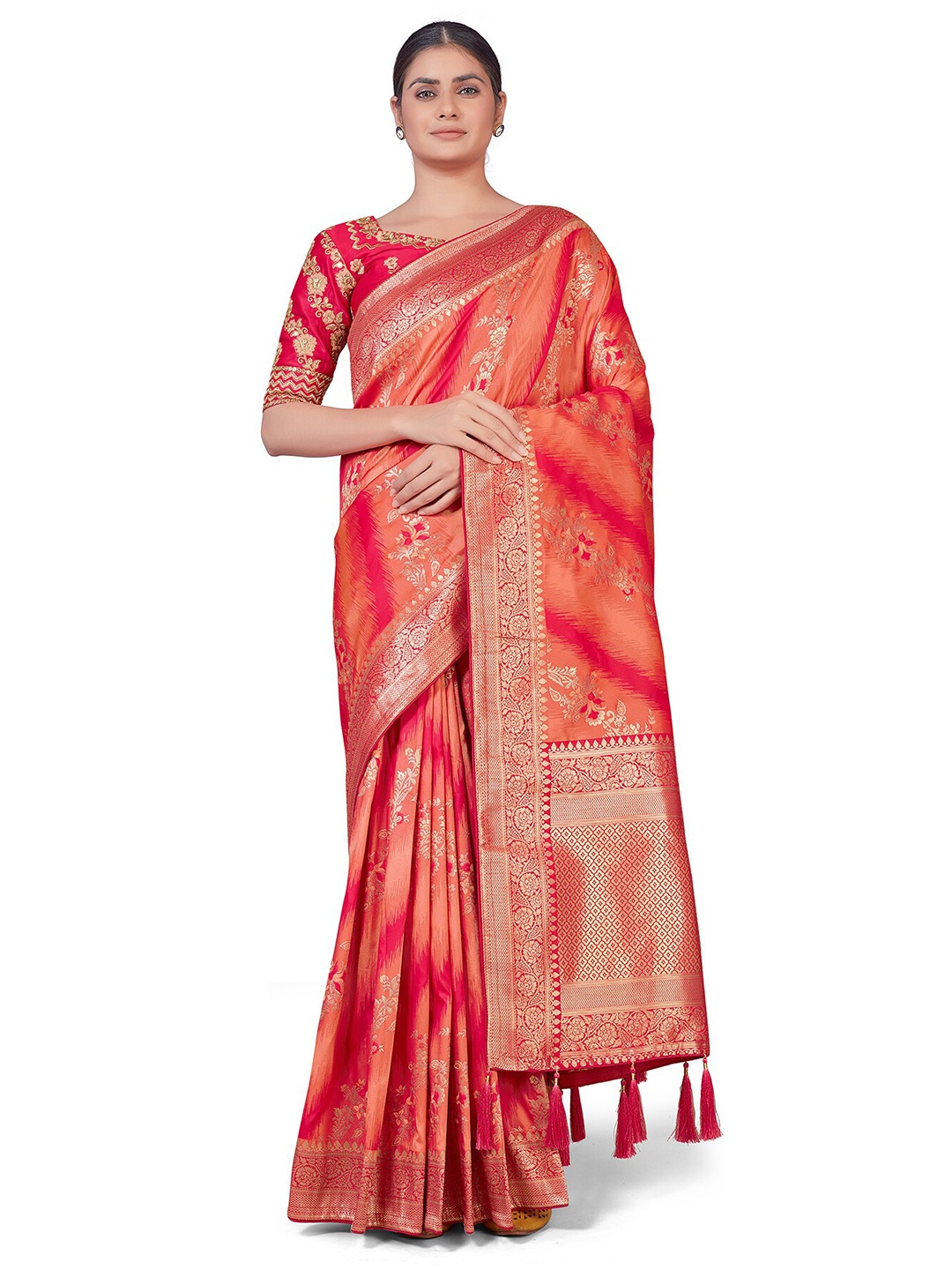 

MONJOLIKA FASHION Peach-Coloured & Red Woven Design Zari Silk Blend Banarasi Saree
