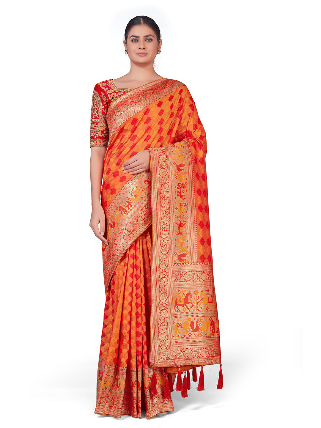 

MONJOLIKA FASHION Orange Woven Design Zari Silk Blend Banarasi Saree