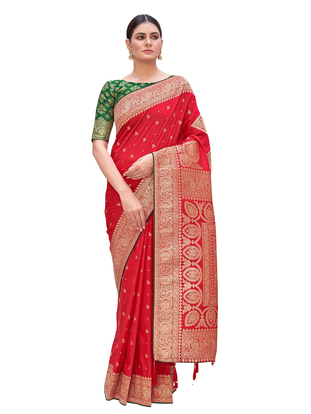 

MONJOLIKA FASHION Red & Black Woven Design Zari Silk Blend Banarasi Saree
