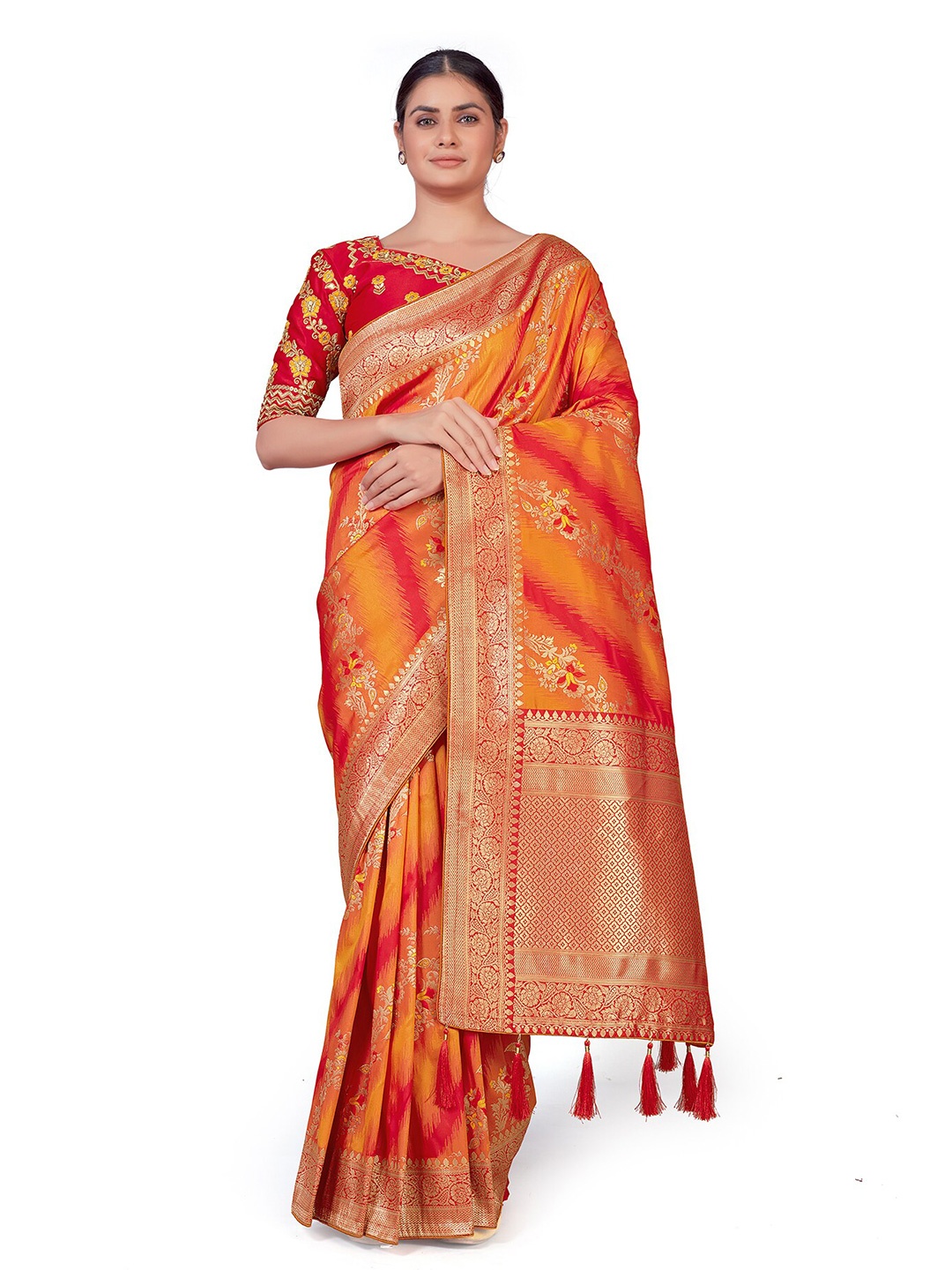

MONJOLIKA FASHION Orange & Red Woven Design Zari Silk Blend Banarasi Saree