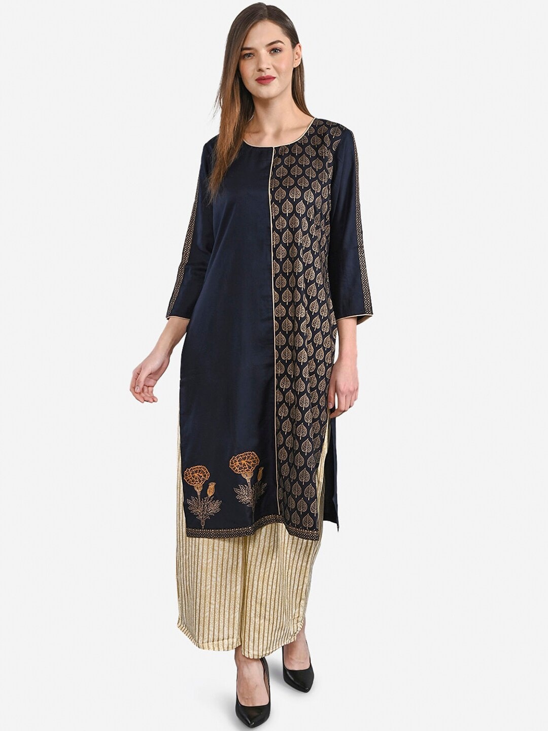 

Be Indi Women Navy Blue Ethnic Motifs Printed Kurta with Palazzos