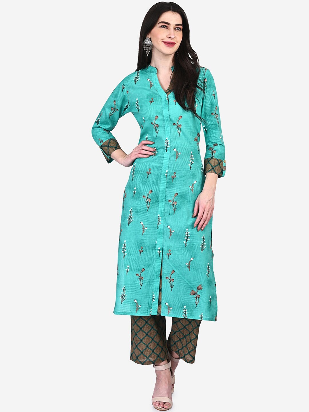 

Be Indi Women Green Floral Printed Pure Cotton Kurta with Trousers