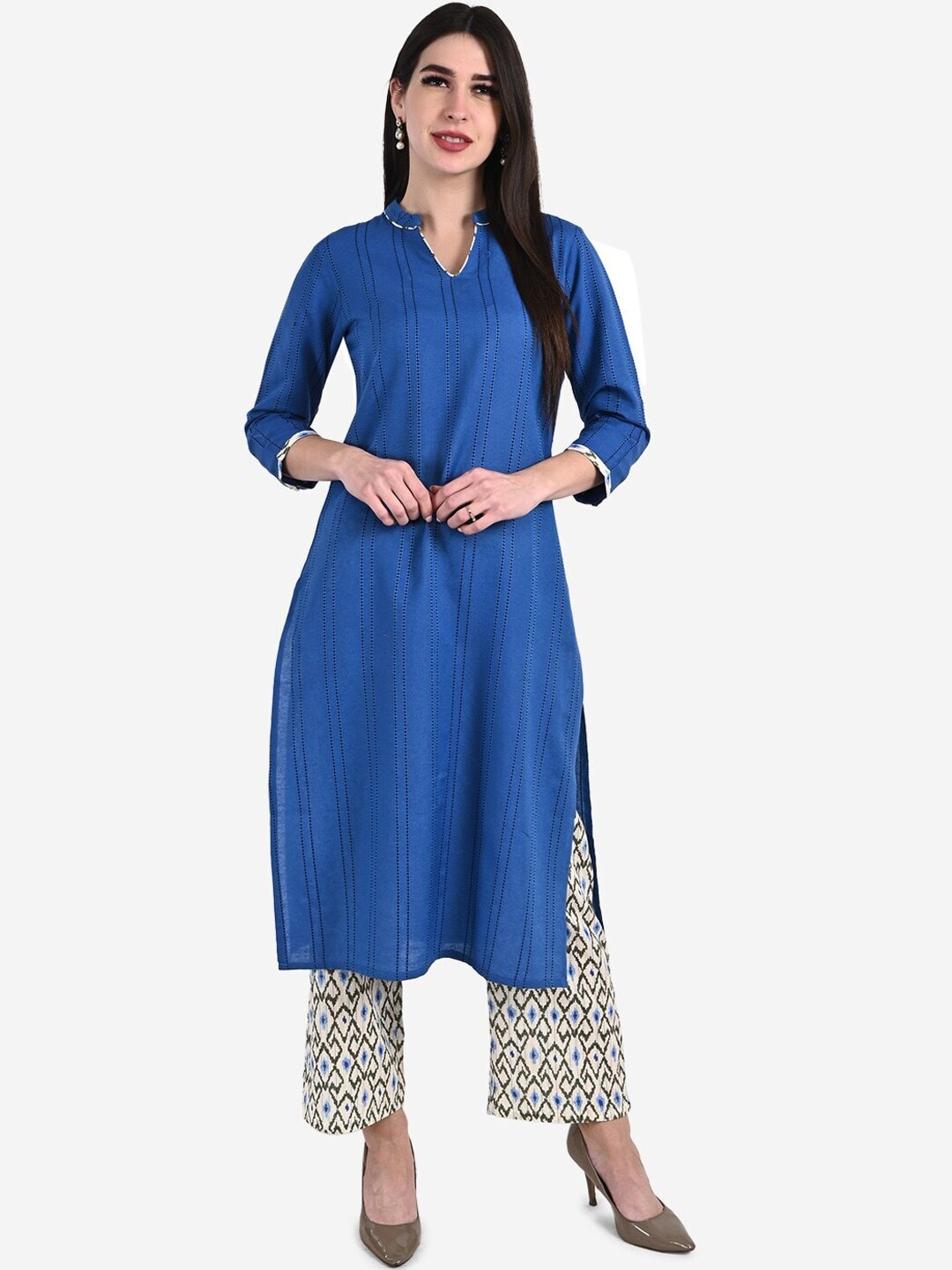 

Be Indi Women Striped Embroidered Straight Kurta with Trousers, Blue