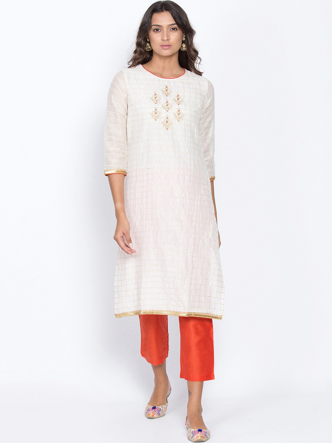 

Be Indi Women White & Red Ethnic Motifs Yoke Design Kurta with Trousers