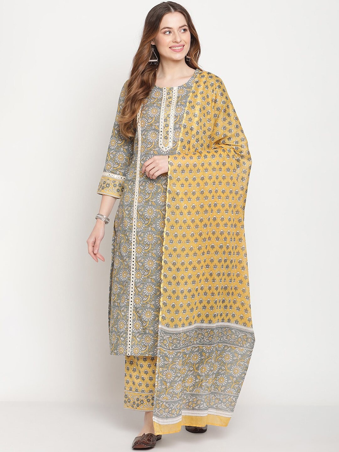 

Be Indi Women Floral Printed Straight Kurta with Trouser & Dupatta Set, Grey