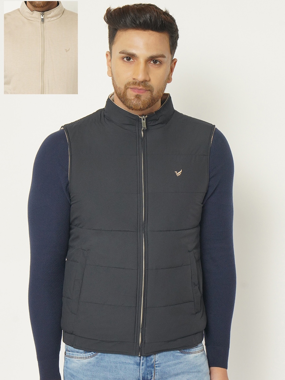 

Blackberrys Men Navy Blue Solid Quilted Jacket