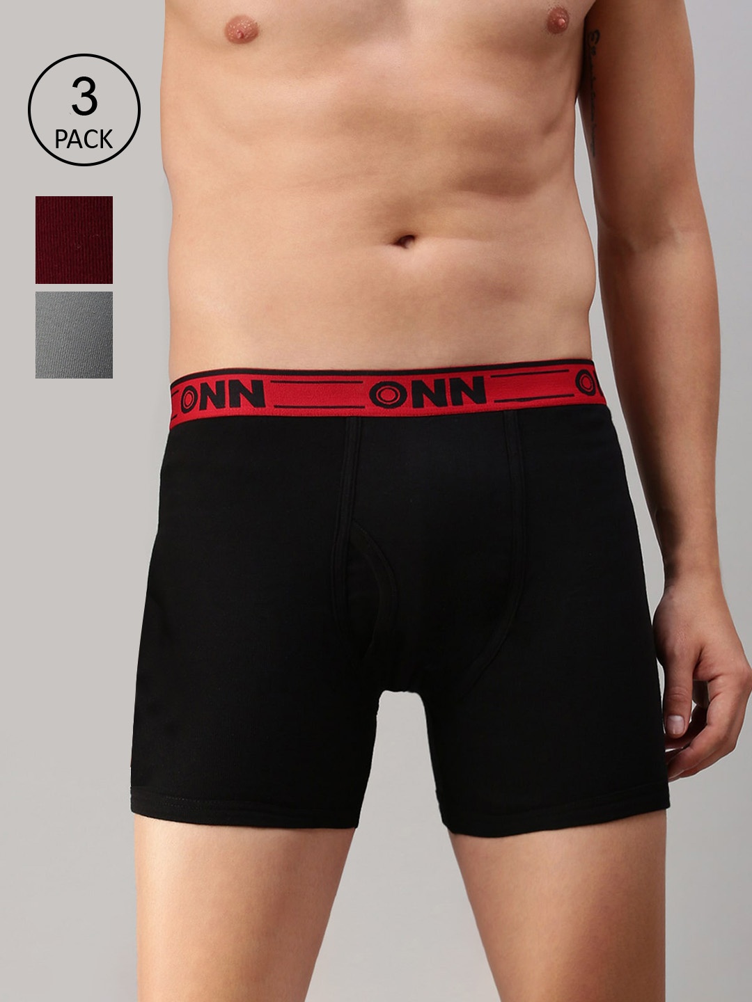 

ONN Men Pack of 3 Black , Maroon & Grey Melange Solid Trunks