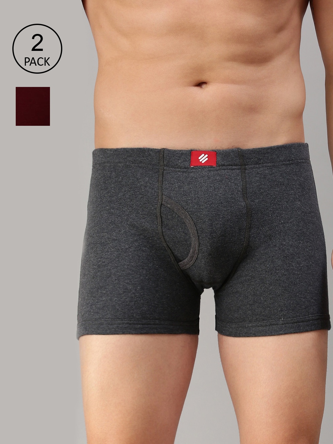 

ONN Men Pack Of 2 Charcoal & Maroon Solid Cotton Trunks