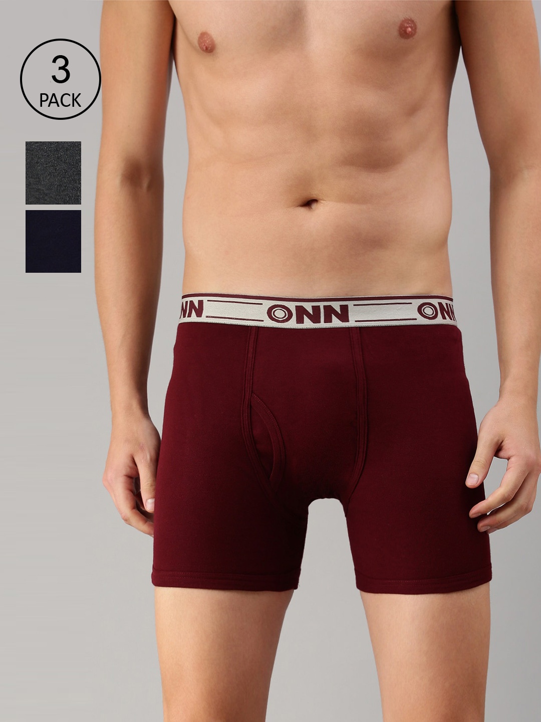 

ONN Men Pack Of 3 Charcoal-Coloured Solid Pure Cotton Trunk