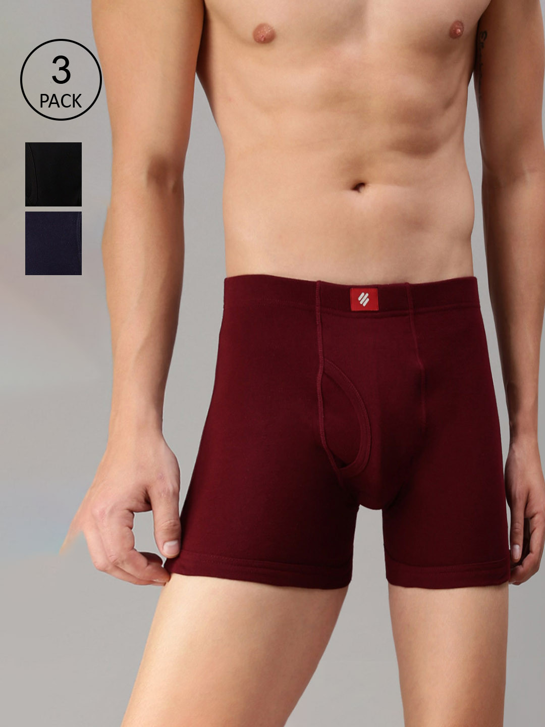 

ONN Men Pack Of 3 Maroon & Black Solid Cotton Trunks