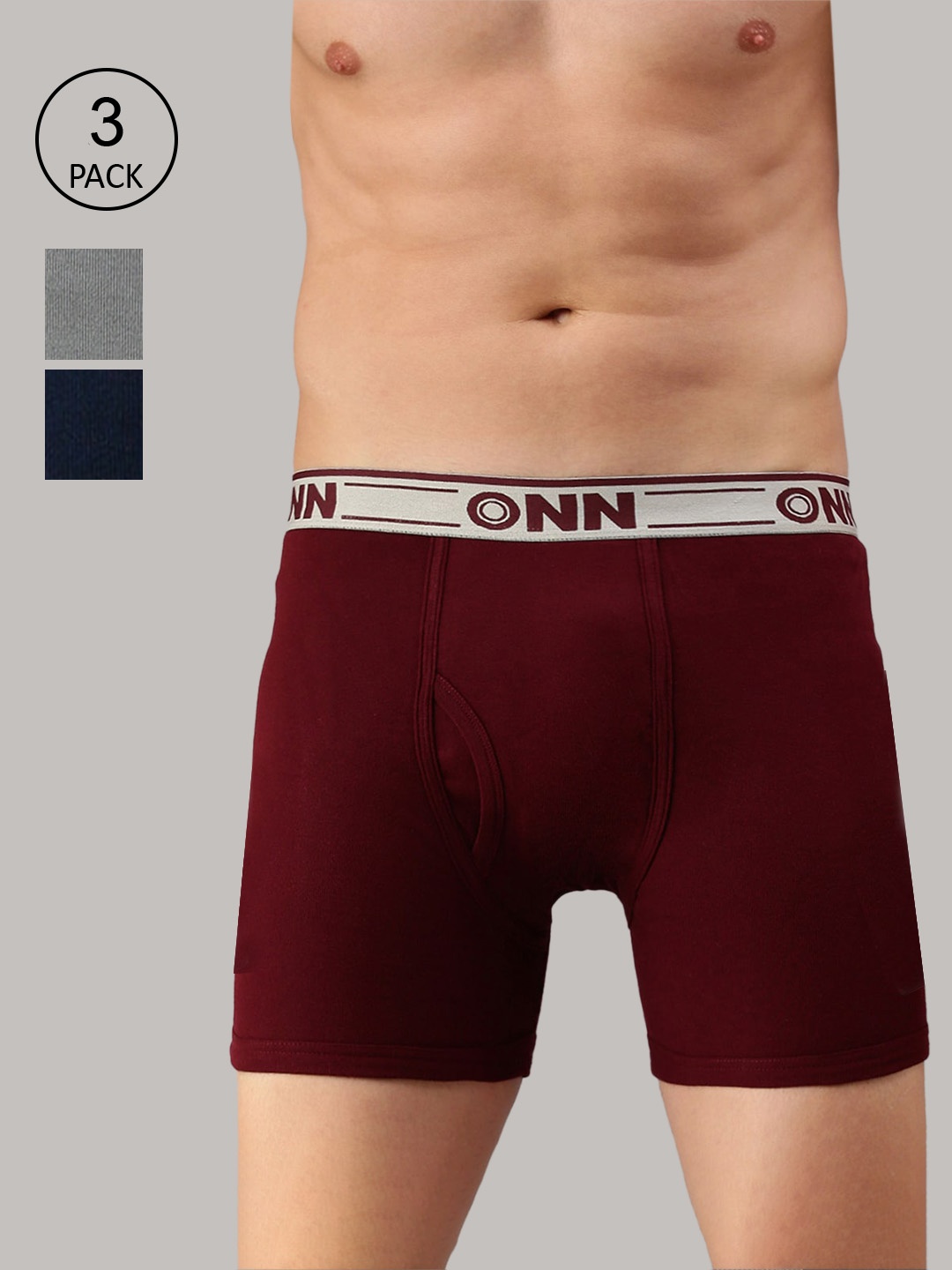 

ONN Men Pack Of 3 Maroon & Grey Solid Cotton Trunks ONN_357_MN_GM_AFBLU_3PC