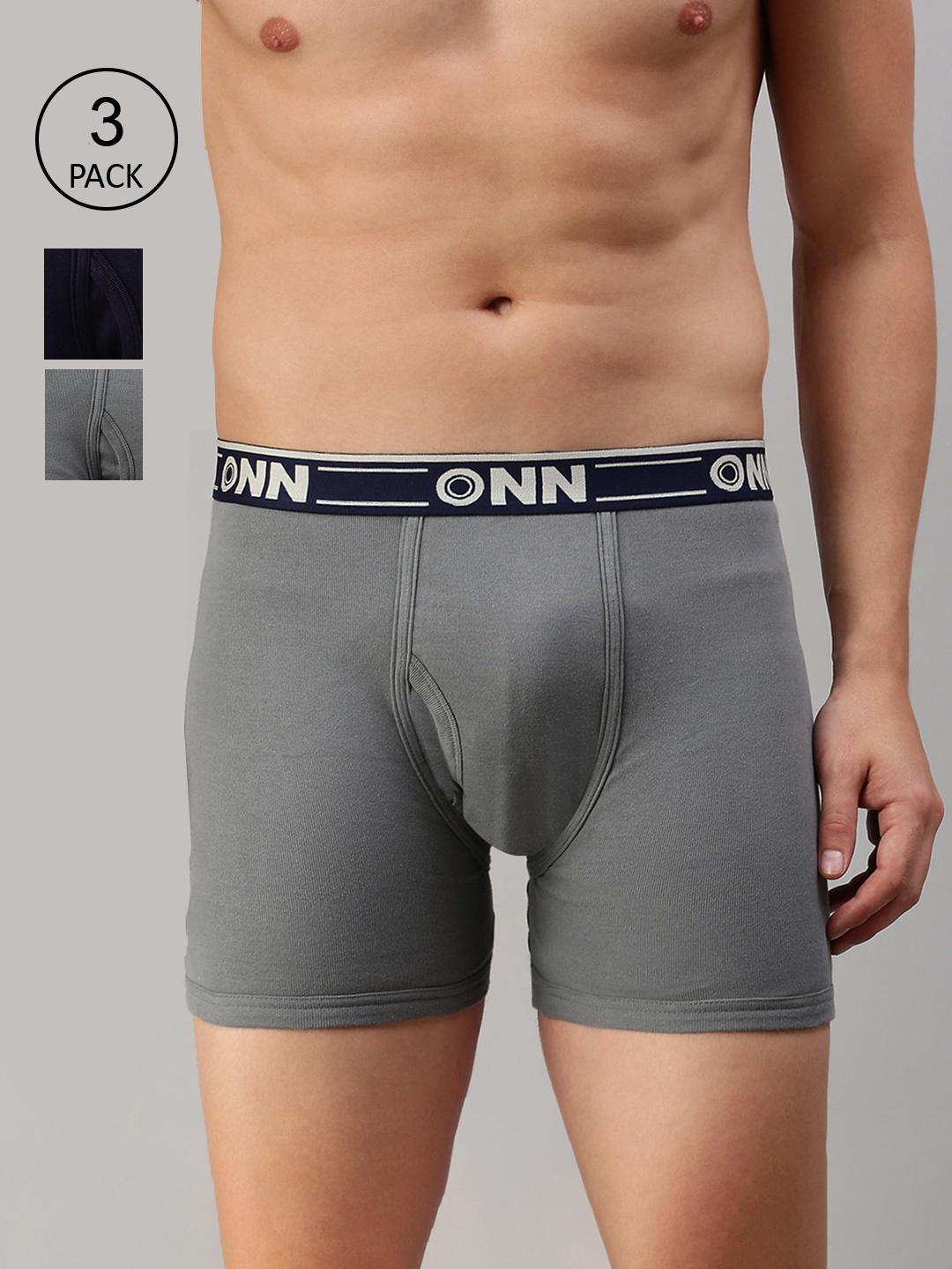 

ONN Men Pack Of 3 Grey Melange & Black Solid Trunks ONN_357_GM_BLK_NB_3PC