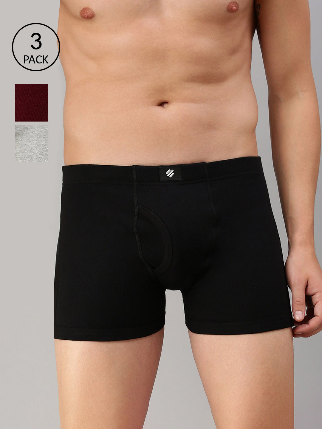 

ONN Men Pack Of 3 Grey & Black Solid Cotton Trunks ONN_355_BLK_LGRY_MN_3PC-