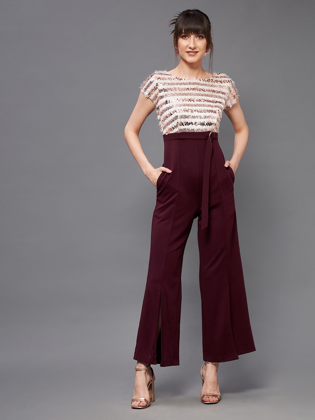 

Miss Chase WomenWine & Beige Embellished Fringed Basic Party Jumpsuit, Maroon