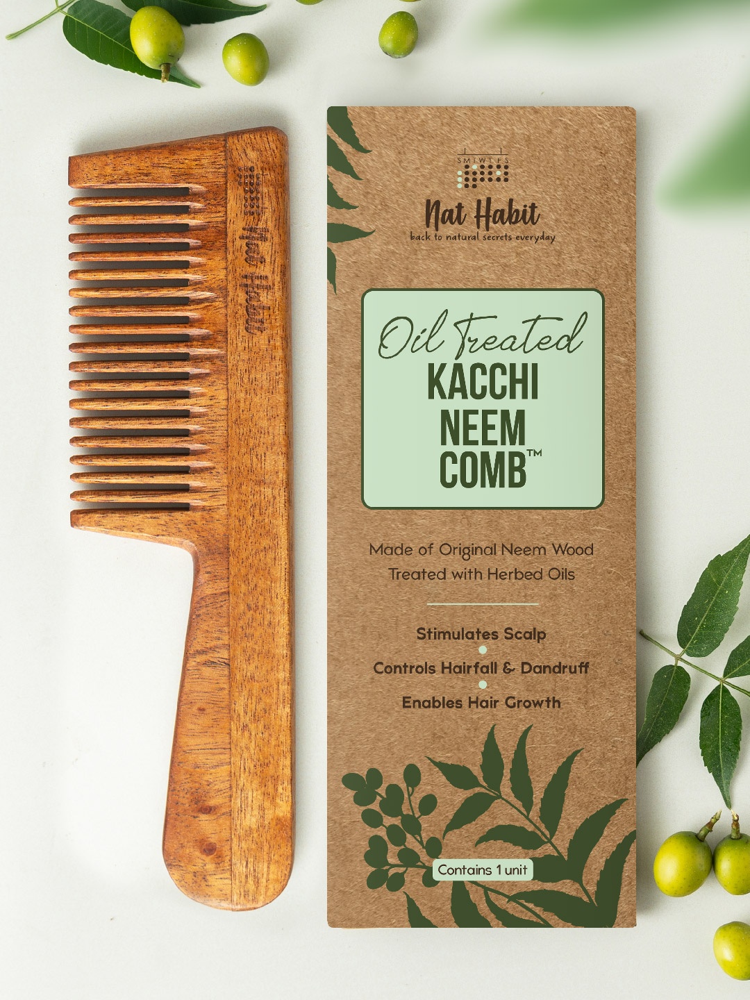 

Nat Habit Kacchi Neem Fine Wooden Tooth Comb - Soaked in 17 Herbs & Oils for Hair Growth, Brown