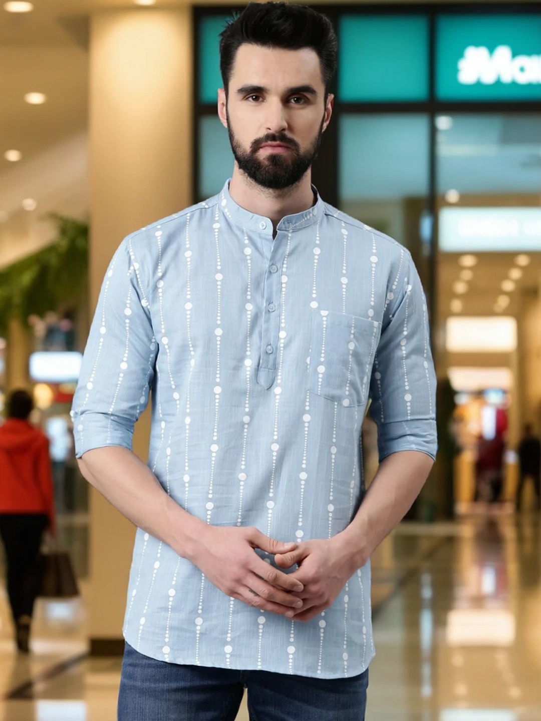 

Kryptic Men Blue Geometric Printed Cotton Kurta