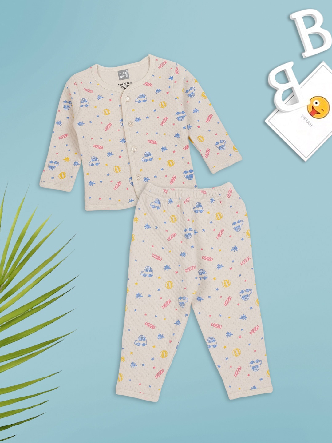 

MeeMee Kids Printed Cotton Blend Night suit, Cream