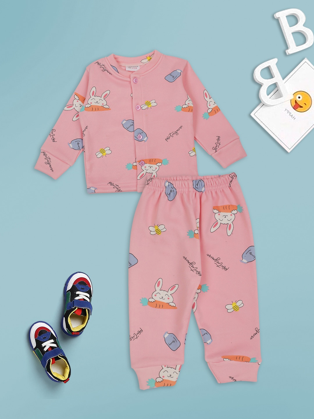 

MeeMee Kids Cartoon Characters Printed Cotton Blend Night suit, Pink