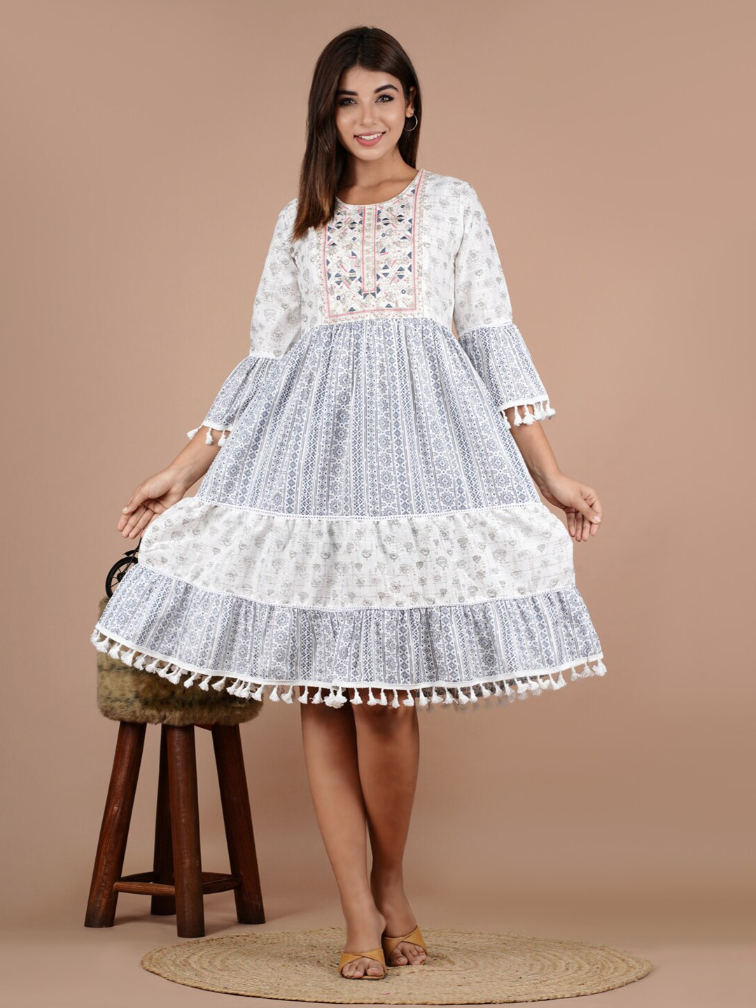 

UNISETS White Floral Embroidered A-Line Cotton Ethnic Dress
